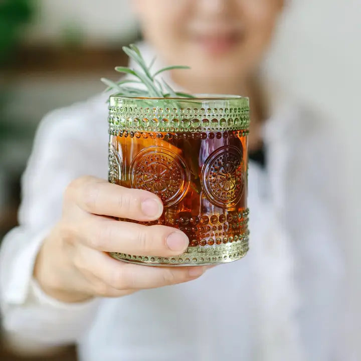 10 oz. Hobnail Beaded Floral Green Drinking Glass